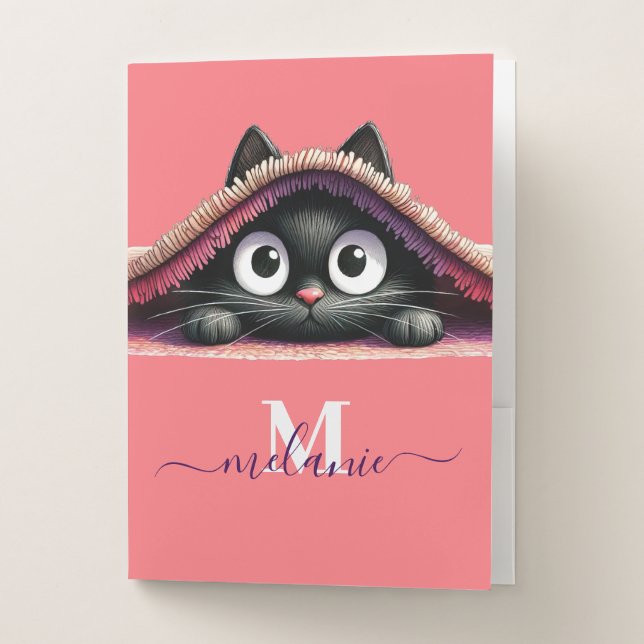 Peek-a-Boo Kitten Script Name Monogram Pocket Folder (Front)