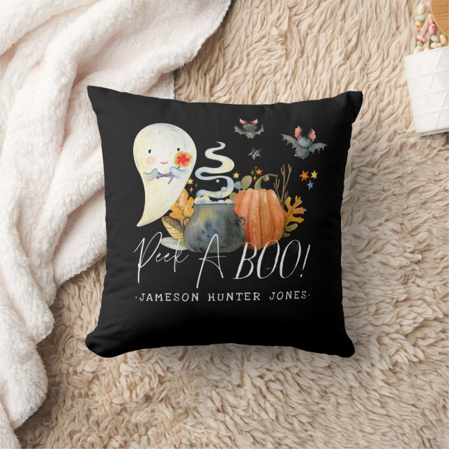 Peek-A-Boo | Monogram Little Ghost Halloween Throw Pillow (Blanket)