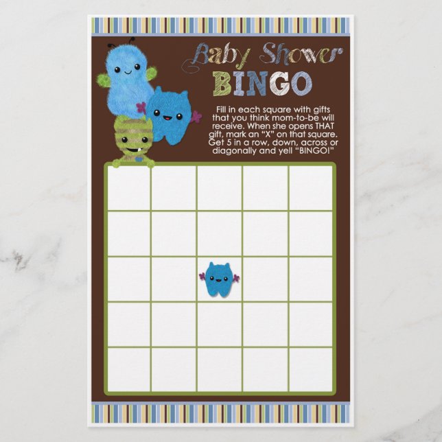 Peek a Boo Monsters Baby Shower Game BINGO Cards (Front)