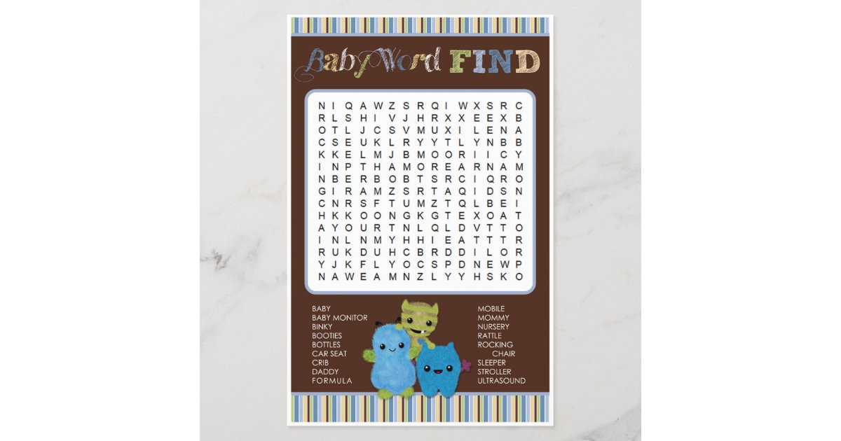 Peek A Boo Monsters Baby Shower Game Word Find Zazzle Com