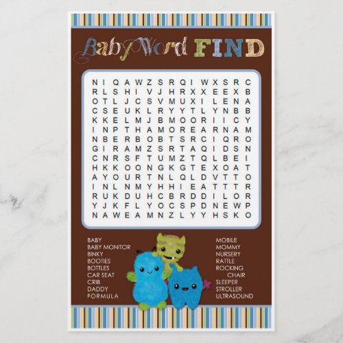 Peek a Boo Monsters Baby Shower Game Word Find