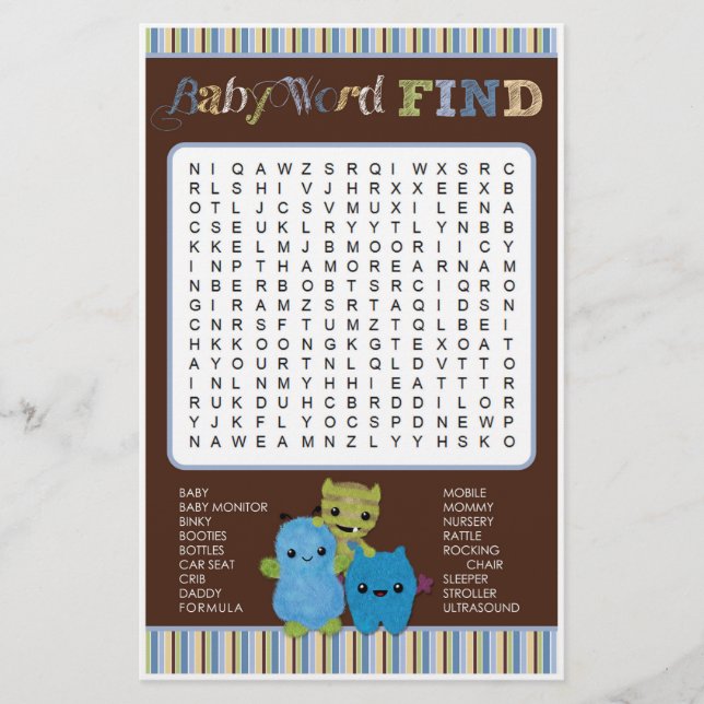 Peek a Boo Monsters Baby Shower Game Word Find (Front)