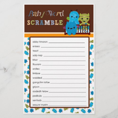 Peek a Boo Monsters Baby Shower Game Word Scramble