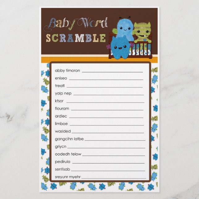 Peek a Boo Monsters Baby Shower Game Word Scramble (Front)