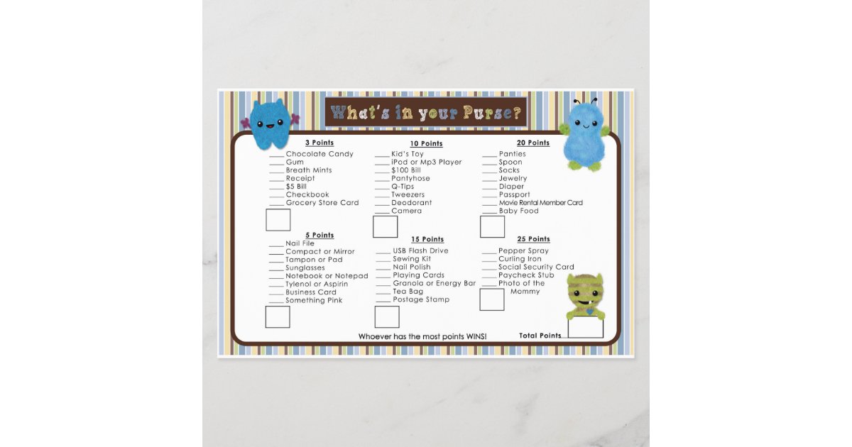 Peek A Boo Monsters Baby Shower Purse Hunt Game Zazzle Com