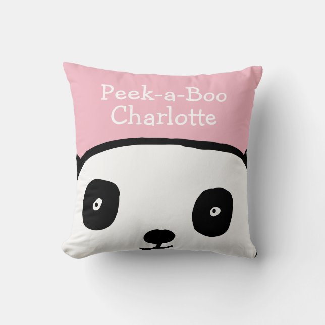 Peek-a-Boo Panda Personalized Name Pink Throw Pillow (Front)