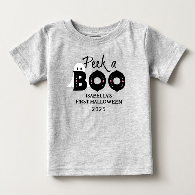Peek A Boo Personalized Baby's 1st Halloween Baby T-Shirt (Front)