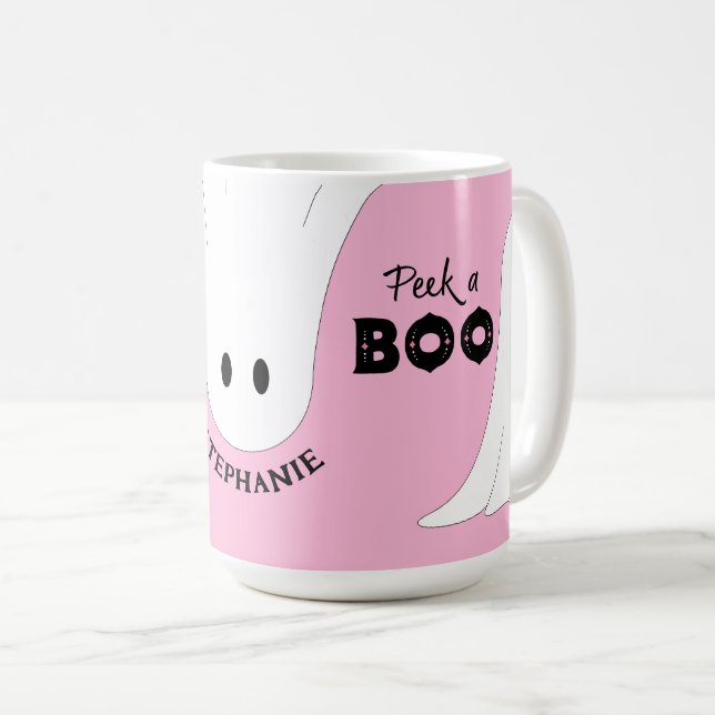 Peek a Boo Personalized Ghost Pink Halloween Coffee Mug (Front Right)