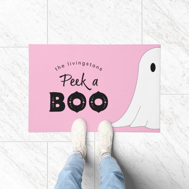 Peek a Boo Personalized Ghost Pink Halloween Doormat (Indoor)