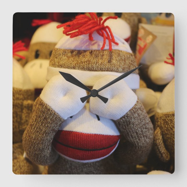 Peek-a-boo Sock Monkey Square Wall Clock (Front)