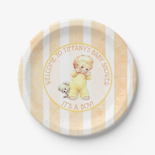 Peek a Boo Vintage Baby Boy Yellow Baby Shower Paper Plates