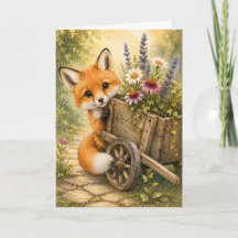 Peekaboo Fox Garden Cart Watercolor Blank Greeting