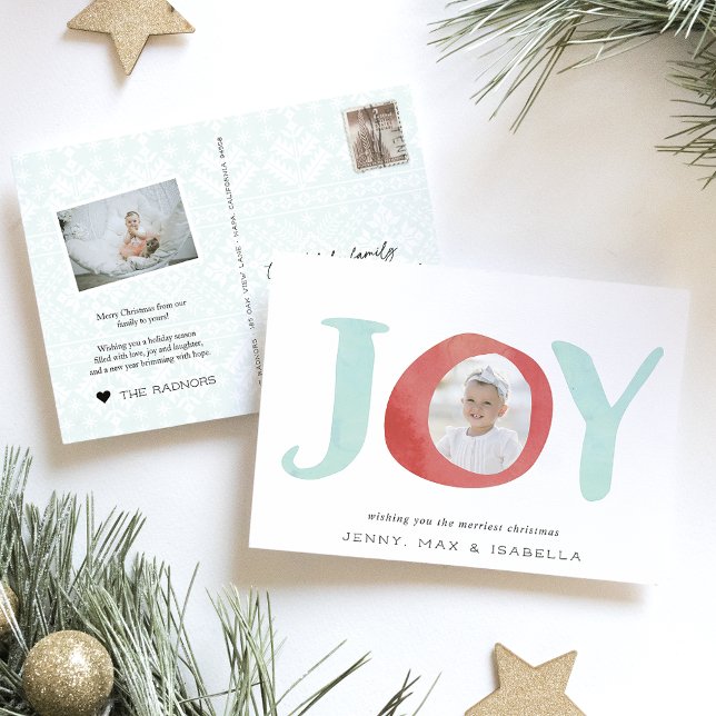 Peekaboo Joy | Cute Watercolor Photo Christmas Holiday Postcard (Creator Uploaded)