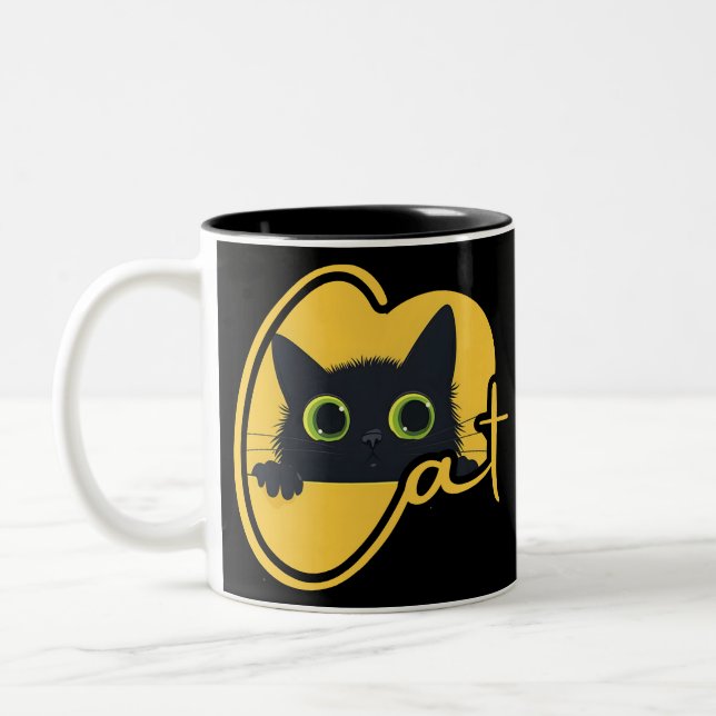 Peeking Black Cat: Big Green Eyes Feline Design Two-Tone Coffee Mug (Left)