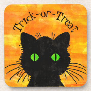 Peeking Black Cat Halloween Watercolor Design Beverage Coaster