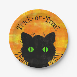 Peeking Black Cat Halloween Watercolor Design Paper Plates