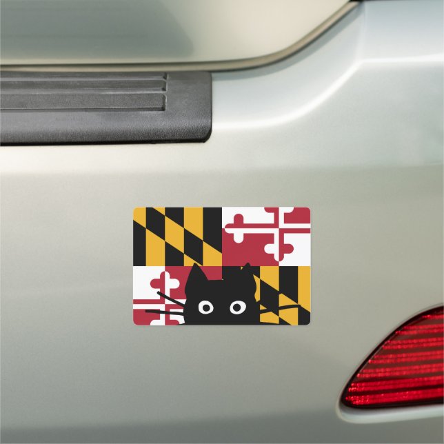 Peeking Black Cat Maryland State Flag Car Magnet (In Situ)