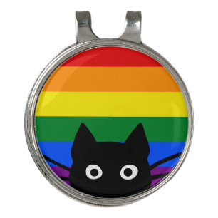 Peeking Black Cat Rainbow Flag Golf Hat Clip