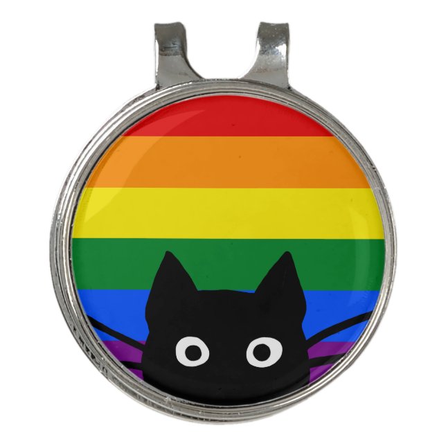 Peeking Black Cat Rainbow Flag Golf Hat Clip (Front)