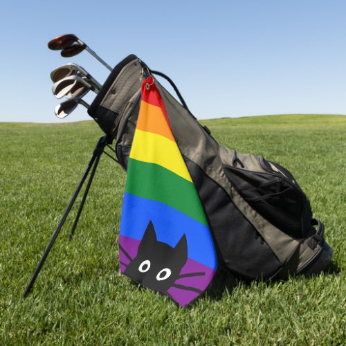 Peeking Black Cat Rainbow Flag Golf Towel