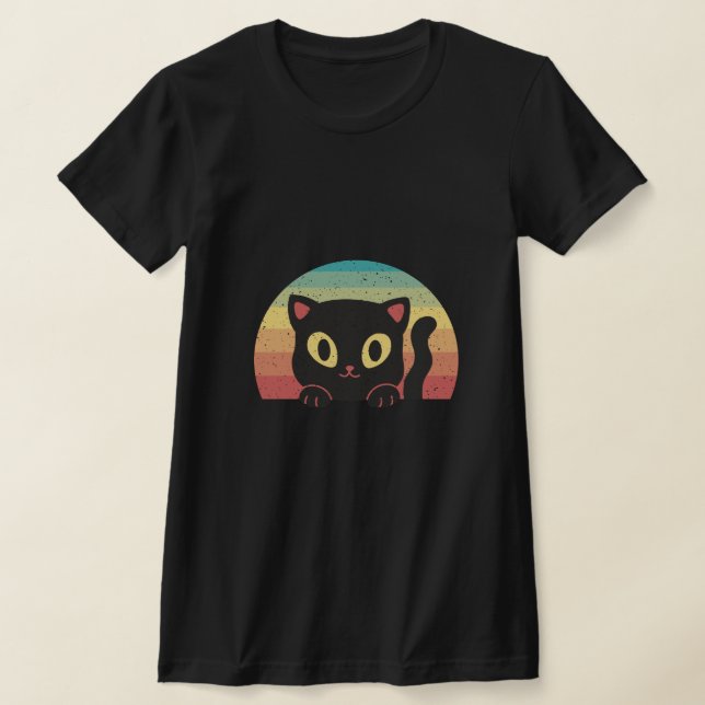 Peeking Black Cat – Retro 70s Sunset Aesthetic Cat T-Shirt (Laydown)