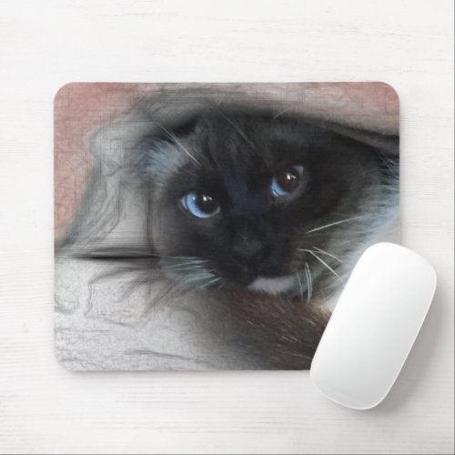 Peeking Blue Eyed Siamese Kitten Sketch Art Mouse Pad