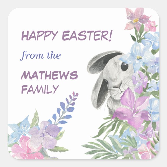 Peeking Bunny Floral Bouquet Easter Square Sticker (Front)