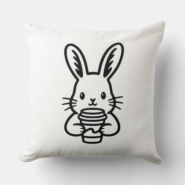 Peeking Bunny with Coffee Cup Throw Pillow (Front)