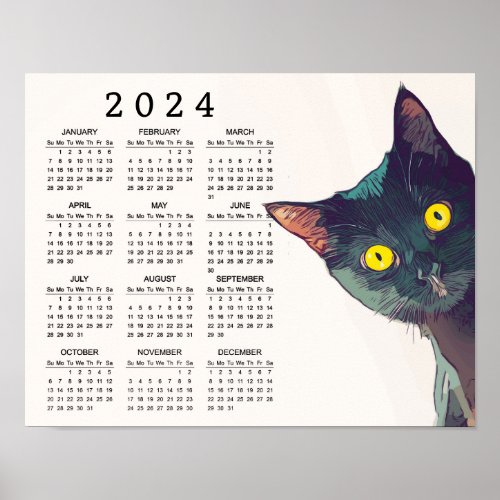 Peeking Cat Design 2024 Wall Calendar Poster