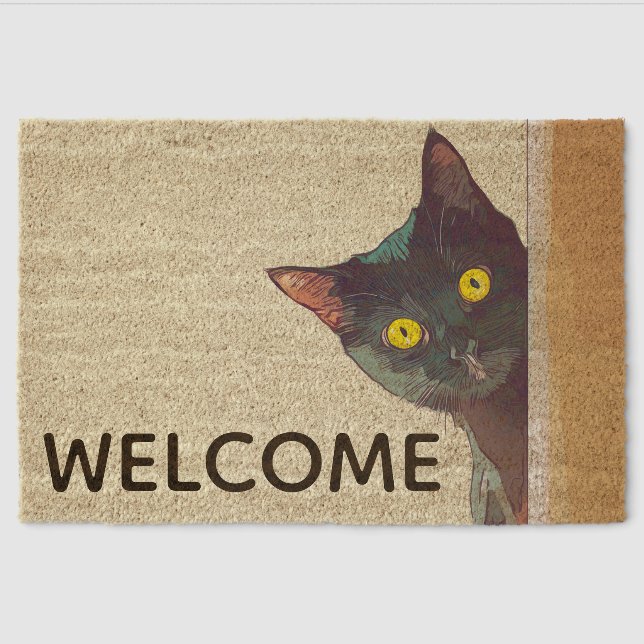 Peeking Cat Design Coir Door Mat (Front)