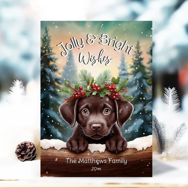 Peeking Chocolate Lab Jolly & Bright Rustic Forest Holiday Card (Adorable Winter Snowy Scene With Peeking Dogs or Farm/Woodland Animals - Over 50 to Choose From!)