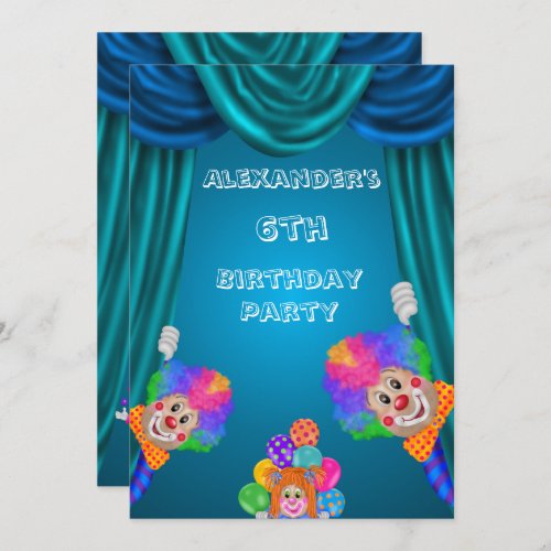 Peeking Clowns Boys 6th Birthday Double Sided Invitation