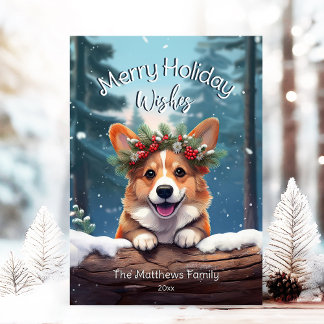 Peeking Corgi Winter Wonderland Merry Christmas Holiday Card