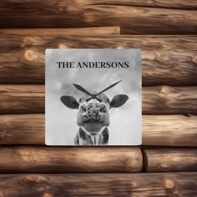 Peeking Cow Clouds Black White  Square Wall Clock (Creator Uploaded)