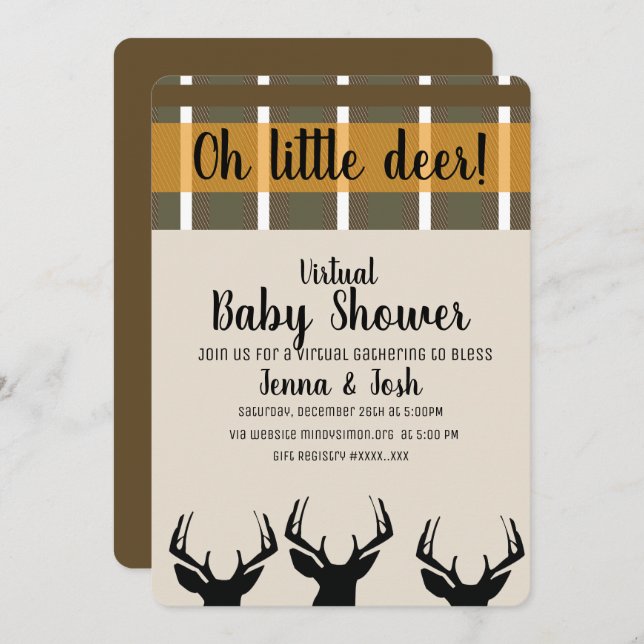 Peeking Deer Antlers Plaid Virtual Baby Shower Invitation (Front/Back)