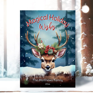 Peeking Deer Magical Wishes Snowy Enchanted Forest Holiday Card