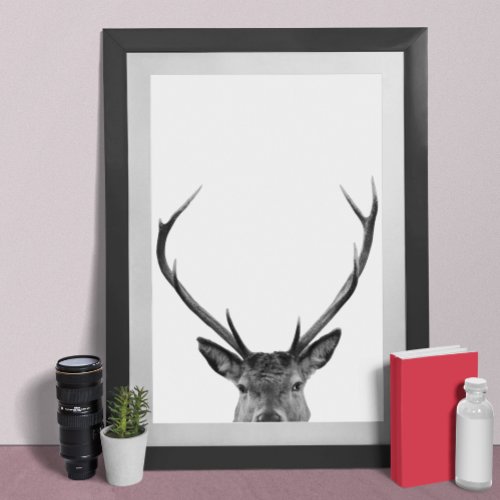 Peeking Deer Stag Black White Cabin Style Modern Poster