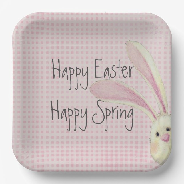 Peeking Easter Bunny On Gingham Paper Plates (Front)