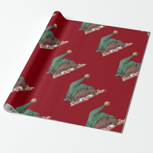 Peeking Elf Holiday Wrapping Paper (Unrolled)