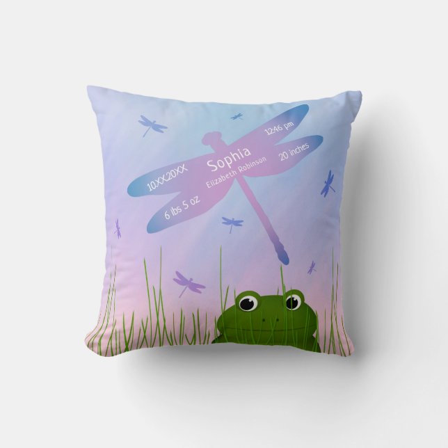 peeking frog dragonflies baby girl birth stats throw pillow (Front)