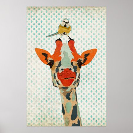 Peeking Giraffe & Little Bird Art Poster