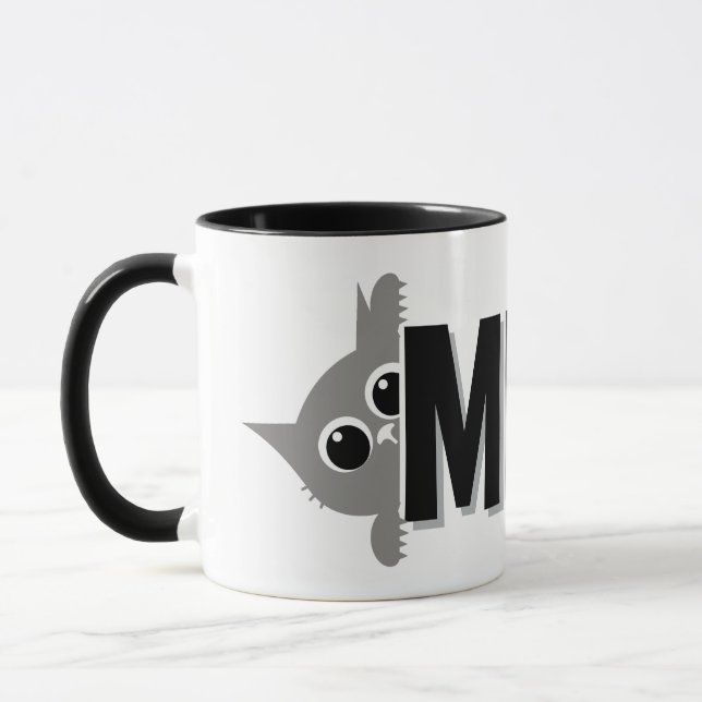 Peeking Gray Cat Meow Design Coffee Mug (Left)