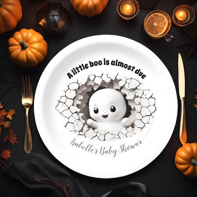 Peeking Little Boo Ghost Baby Shower Paper Plates (Peeking baby ghost Halloween baby Shower Paper Plates, A little boo is almost due)