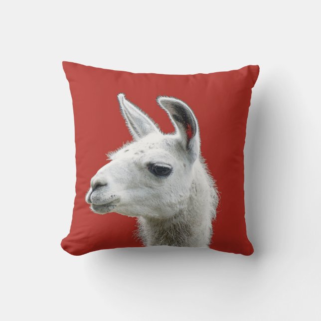 Peeking Llama Portrait on a Deep Red Throw Pillow (Front)