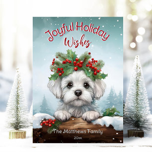 Peeking Maltese Dog Snowing Forest Pet Portrait Holiday Card