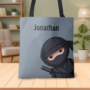 Peeking Ninja Custom Name Grey Tote Bag