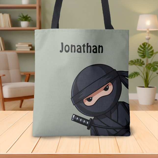 Peeking Ninja Custom Name Sage Green Tote Bag (Creator Uploaded)