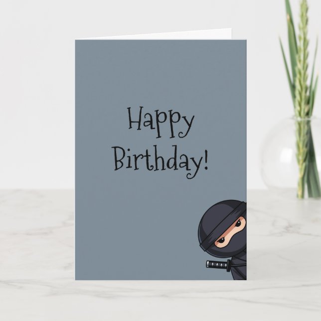 Peeking Ninja on Grey Birthday Card (Front)