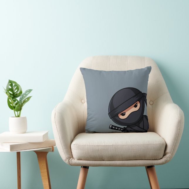 Peeking Ninja on Grey Throw Pillow (Chair)
