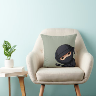 Peeking Ninja on Sage Green Throw Pillow